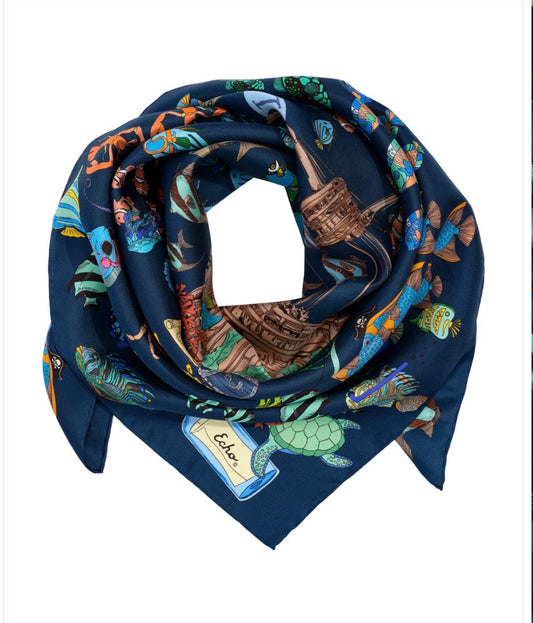Navy Lost at Sea Silk Scarf