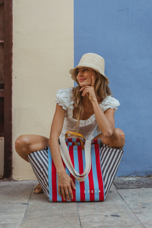 Blue Raspberry Happy Stripe Travel Tote